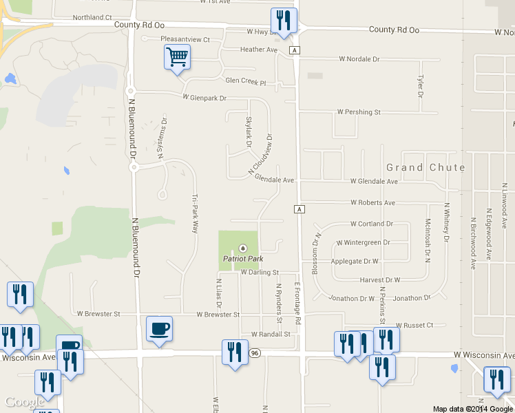 map of restaurants, bars, coffee shops, grocery stores, and more near 2707 Independence Court in Appleton