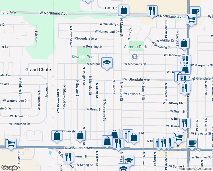 map of restaurants, bars, coffee shops, grocery stores, and more near 1912 North Outagamie Street in Appleton