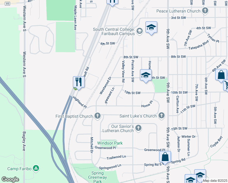 map of restaurants, bars, coffee shops, grocery stores, and more near 1014 Pleasant Lane in Faribault