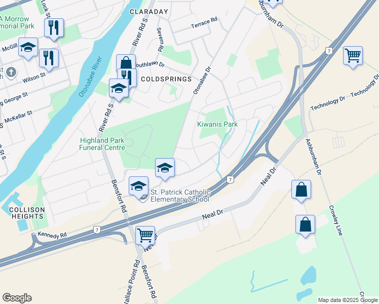 map of restaurants, bars, coffee shops, grocery stores, and more near 414 Crystal Drive in Peterborough