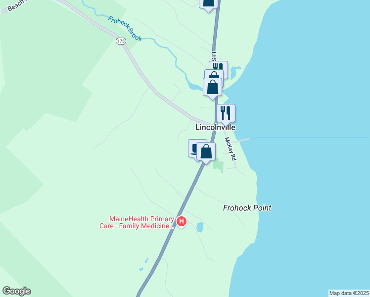 map of restaurants, bars, coffee shops, grocery stores, and more near 32 Otis Road in Lincolnville