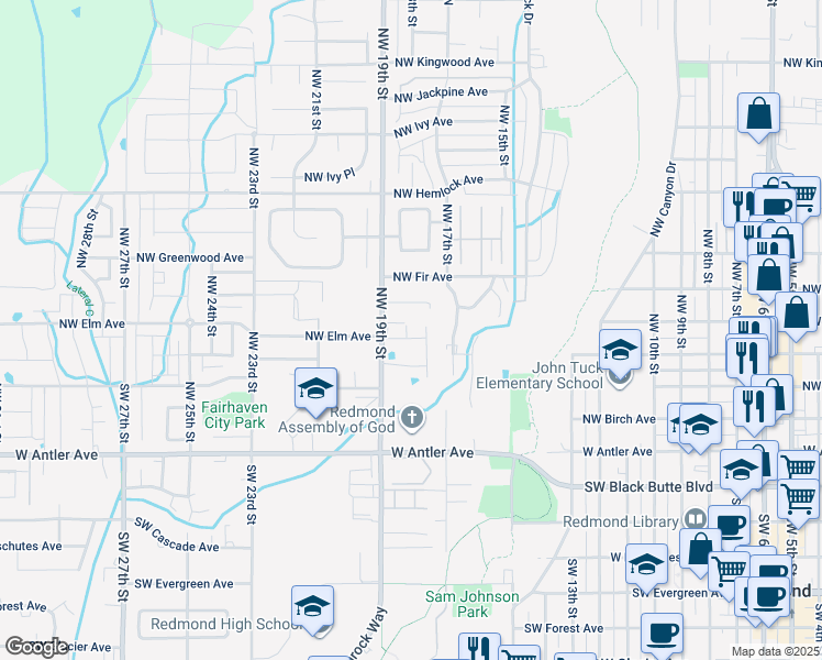map of restaurants, bars, coffee shops, grocery stores, and more near 438 Northwest 19th Street in Redmond