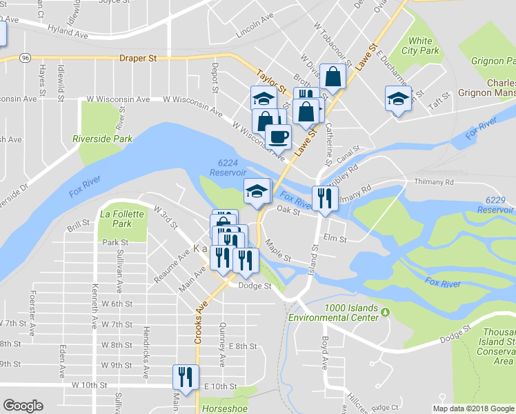 map of restaurants, bars, coffee shops, grocery stores, and more near 101 Main Avenue in Kaukauna