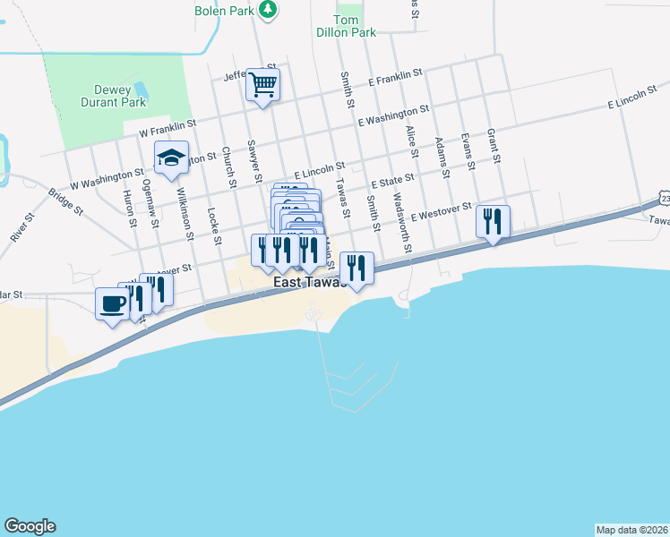 map of restaurants, bars, coffee shops, grocery stores, and more near 211 East Bay Street in East Tawas