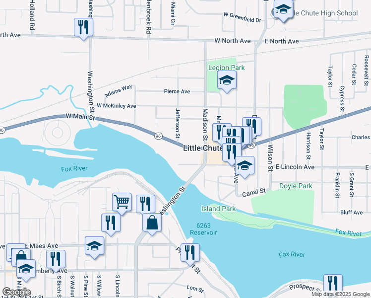 map of restaurants, bars, coffee shops, grocery stores, and more near 409 West Main Street in Little Chute