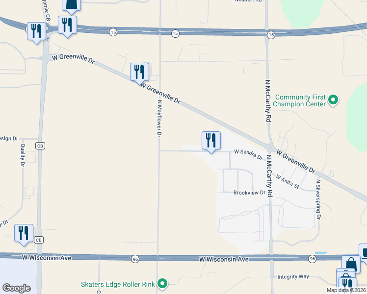 map of restaurants, bars, coffee shops, grocery stores, and more near 5740 West Sandra Drive in Appleton