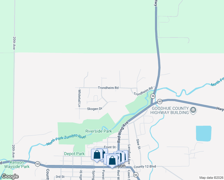 map of restaurants, bars, coffee shops, grocery stores, and more near 313 Trondheim Road in Kenyon