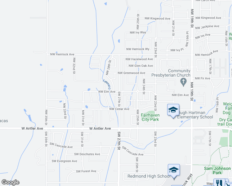 map of restaurants, bars, coffee shops, grocery stores, and more near 2730 Northwest Elm Avenue in Redmond