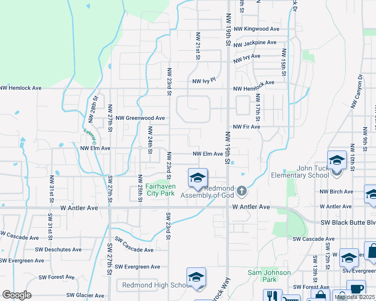 map of restaurants, bars, coffee shops, grocery stores, and more near 2145 Northwest Elm Avenue in Redmond