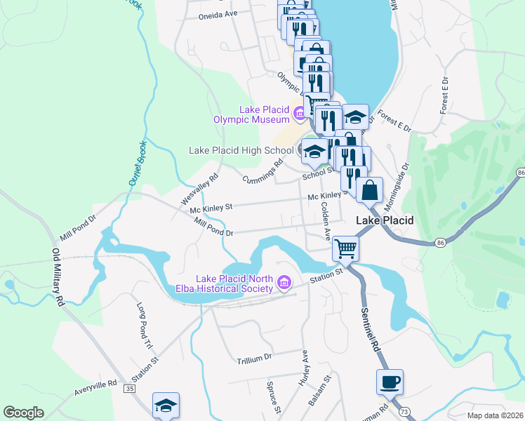 map of restaurants, bars, coffee shops, grocery stores, and more near 102 Mc Kinley Street in Lake Placid