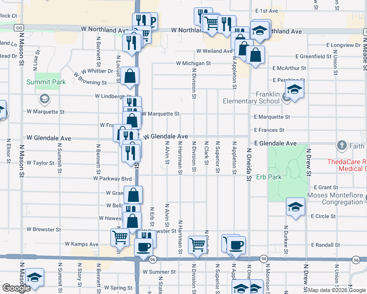 map of restaurants, bars, coffee shops, grocery stores, and more near 1800 North Harriman Street in Appleton