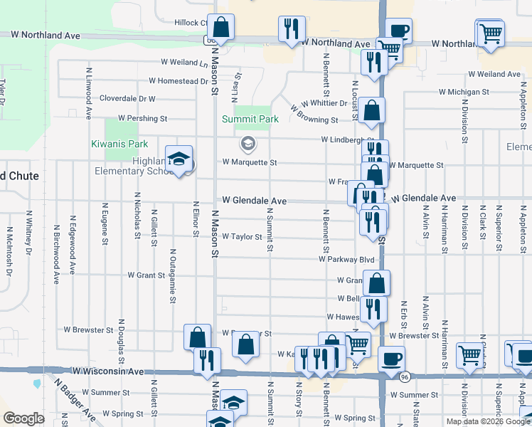 map of restaurants, bars, coffee shops, grocery stores, and more near 1124 West Roberts Avenue in Appleton