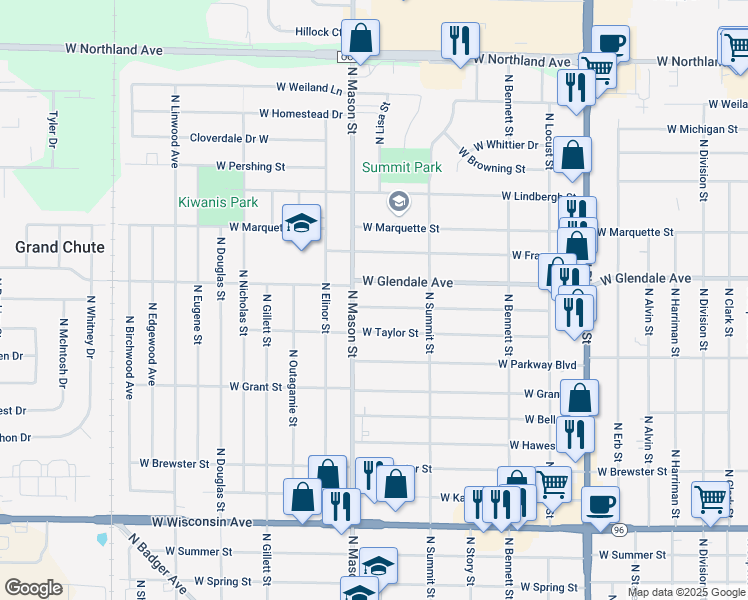 map of restaurants, bars, coffee shops, grocery stores, and more near 1214 West Roberts Avenue in Appleton