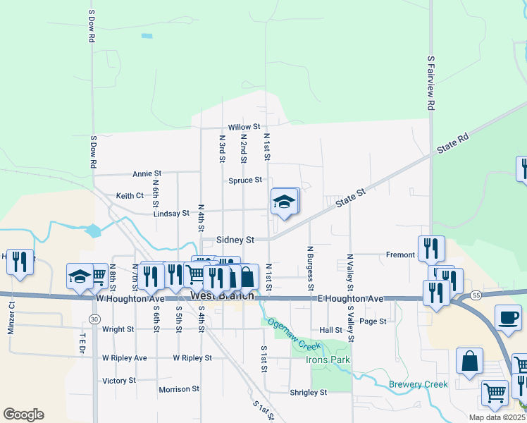 map of restaurants, bars, coffee shops, grocery stores, and more near 100 Lindsay Street in West Branch