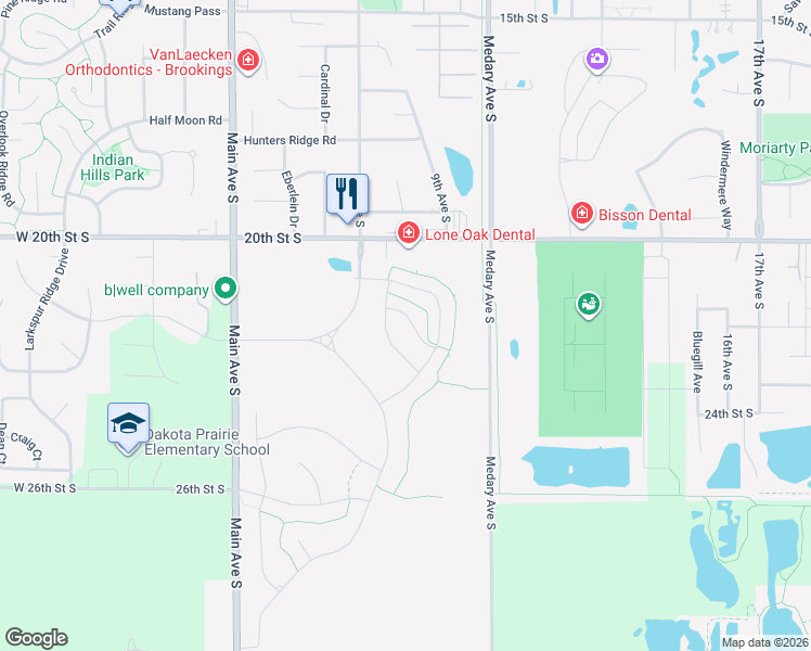 map of restaurants, bars, coffee shops, grocery stores, and more near 2124 Goldenrod Trail in Brookings