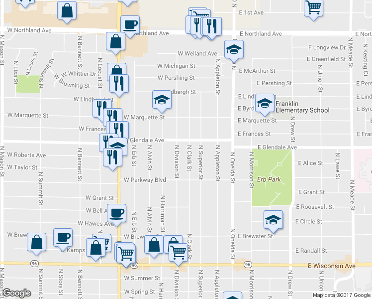 map of restaurants, bars, coffee shops, grocery stores, and more near 1929 North Clark Street in Appleton