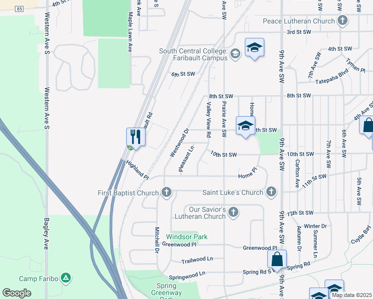 map of restaurants, bars, coffee shops, grocery stores, and more near 1014 Pleasant Lane in Faribault