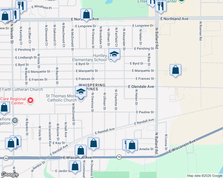 map of restaurants, bars, coffee shops, grocery stores, and more near 1501 East Glendale Avenue in Appleton