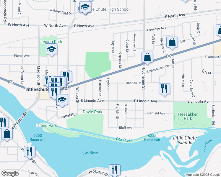map of restaurants, bars, coffee shops, grocery stores, and more near 602 Taylor St in Little Chute