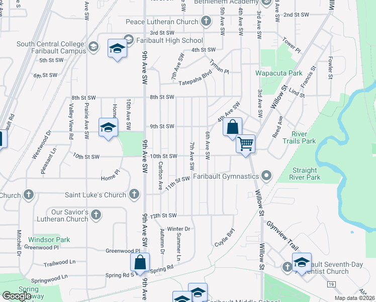 map of restaurants, bars, coffee shops, grocery stores, and more near 946 7th Avenue Southwest in Faribault