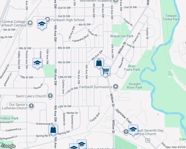 map of restaurants, bars, coffee shops, grocery stores, and more near 522 10th Street Southwest in Faribault