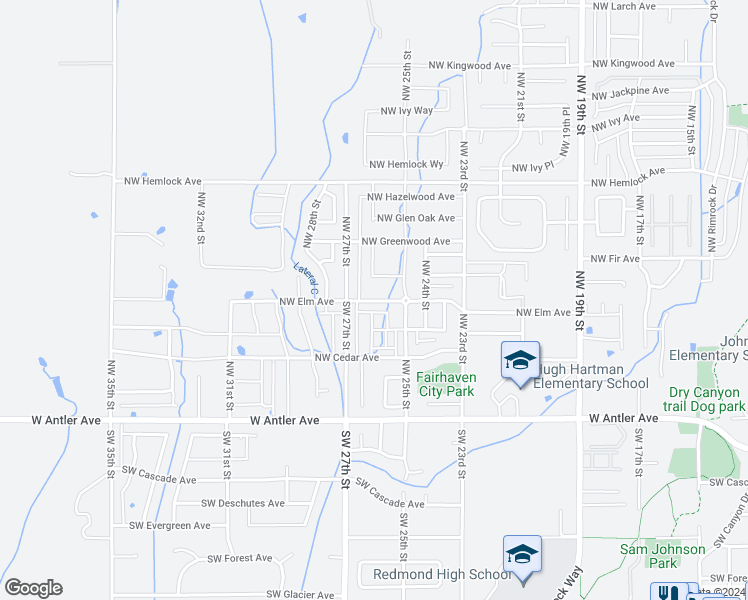 map of restaurants, bars, coffee shops, grocery stores, and more near 2594 Northwest Elm Avenue in Redmond