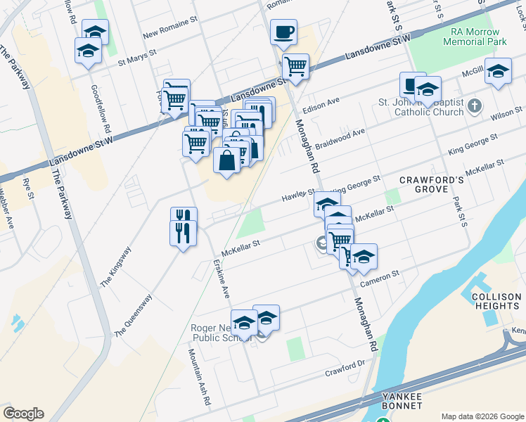 map of restaurants, bars, coffee shops, grocery stores, and more near 708 Hawley Street in Peterborough
