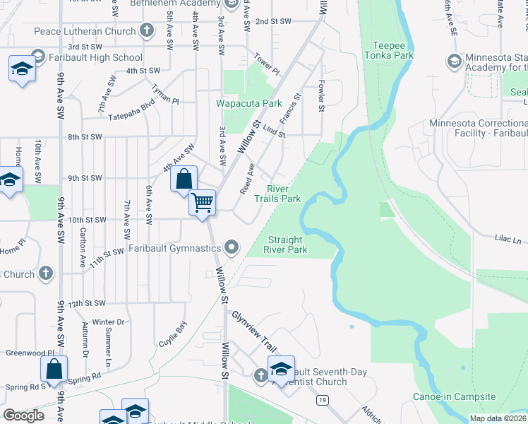 map of restaurants, bars, coffee shops, grocery stores, and more near 945 Rice Street in Faribault
