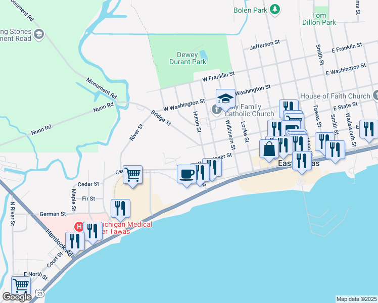 map of restaurants, bars, coffee shops, grocery stores, and more near 701-775 West State Street in East Tawas