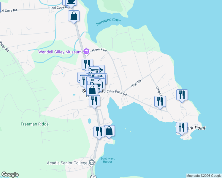 map of restaurants, bars, coffee shops, grocery stores, and more near 45 Clark Point Road in Southwest Harbor