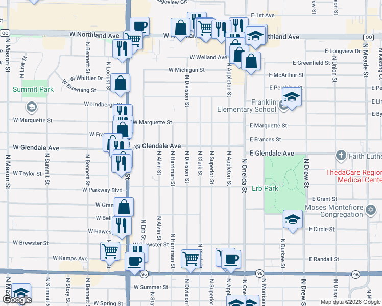 map of restaurants, bars, coffee shops, grocery stores, and more near 1929 North Clark Street in Appleton