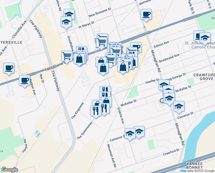 map of restaurants, bars, coffee shops, grocery stores, and more near 747 Erskine Avenue in Peterborough
