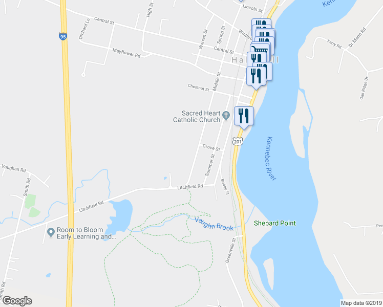 map of restaurants, bars, coffee shops, grocery stores, and more near 83 Middle Street in Hallowell