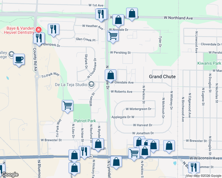 map of restaurants, bars, coffee shops, grocery stores, and more near 2444 West Roberts Avenue in Appleton
