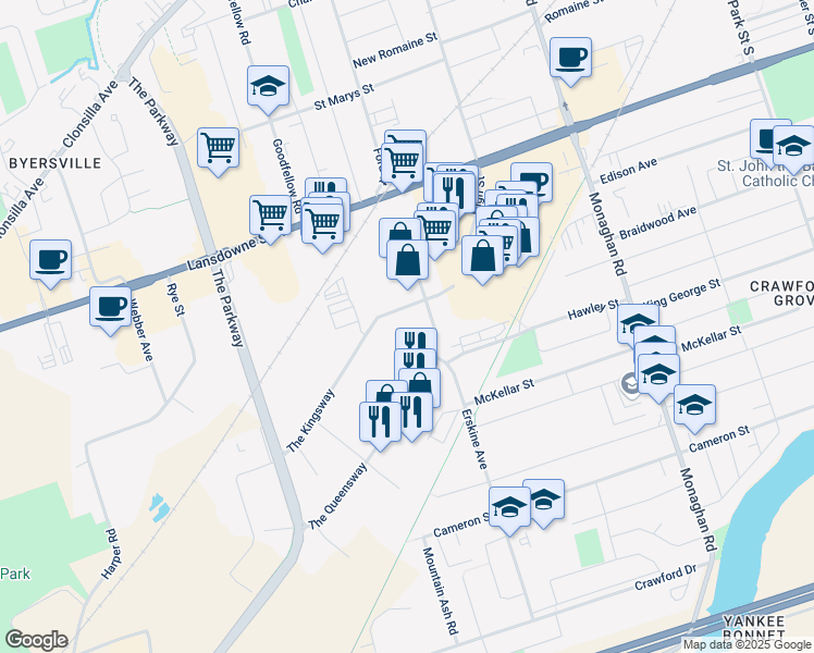 map of restaurants, bars, coffee shops, grocery stores, and more near 785 The Kingsway in Peterborough