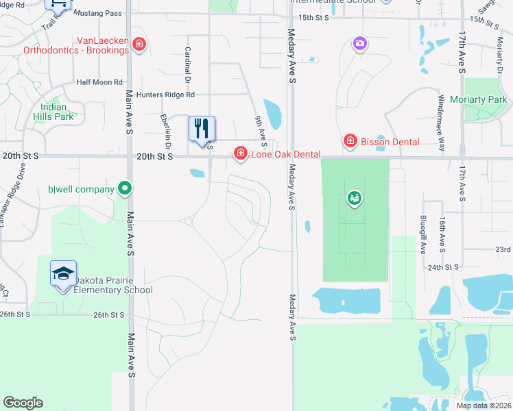 map of restaurants, bars, coffee shops, grocery stores, and more near 2124 Goldenrod Trail in Brookings