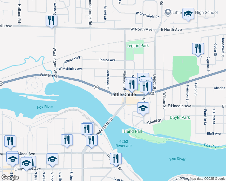 map of restaurants, bars, coffee shops, grocery stores, and more near 409 West Main Street in Little Chute