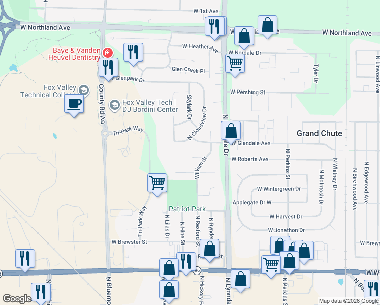 map of restaurants, bars, coffee shops, grocery stores, and more near 2707 Independence Court in Appleton