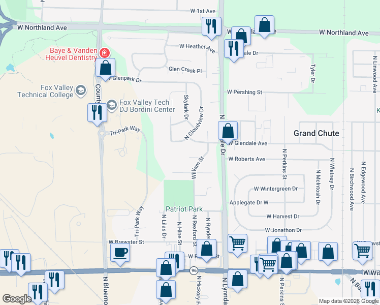 map of restaurants, bars, coffee shops, grocery stores, and more near 2707 Independence Court in Appleton