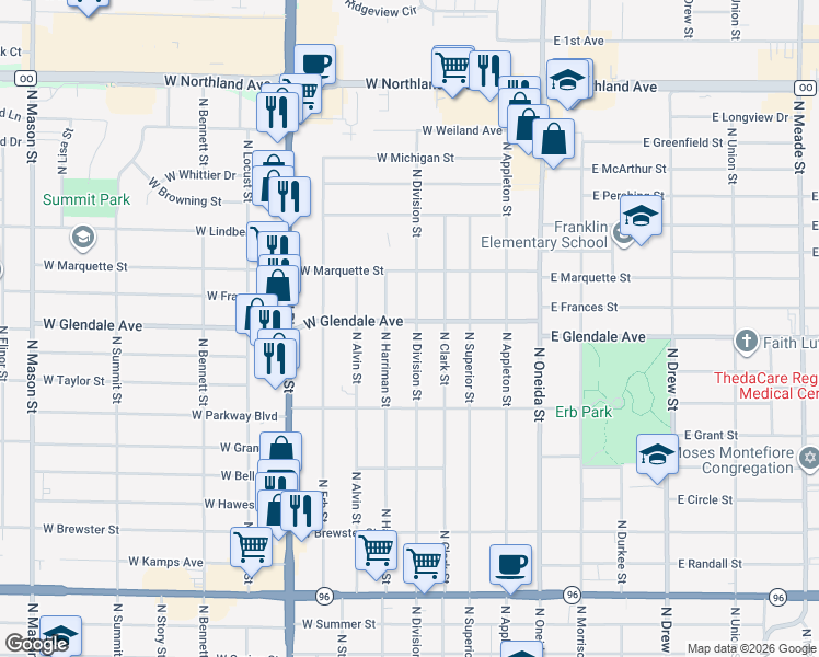 map of restaurants, bars, coffee shops, grocery stores, and more near 1800 North Harriman Street in Appleton