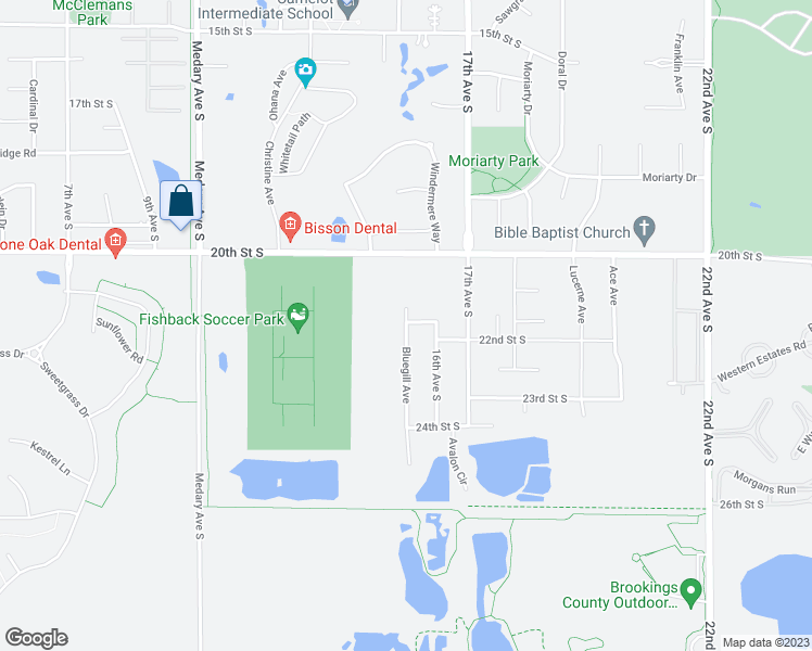 map of restaurants, bars, coffee shops, grocery stores, and more near Bluegill Avenue in Brookings