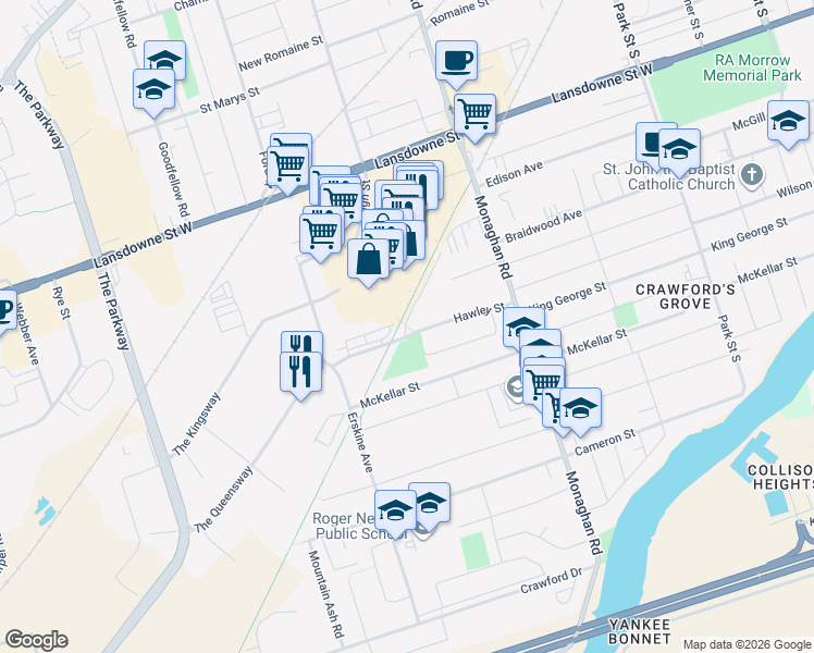 map of restaurants, bars, coffee shops, grocery stores, and more near 708 Hawley Street in Peterborough
