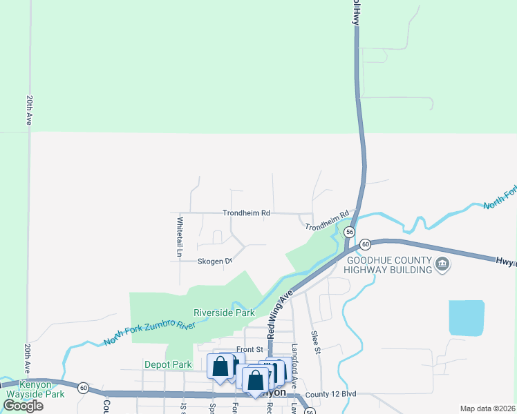 map of restaurants, bars, coffee shops, grocery stores, and more near 313 Trondheim Road in Kenyon