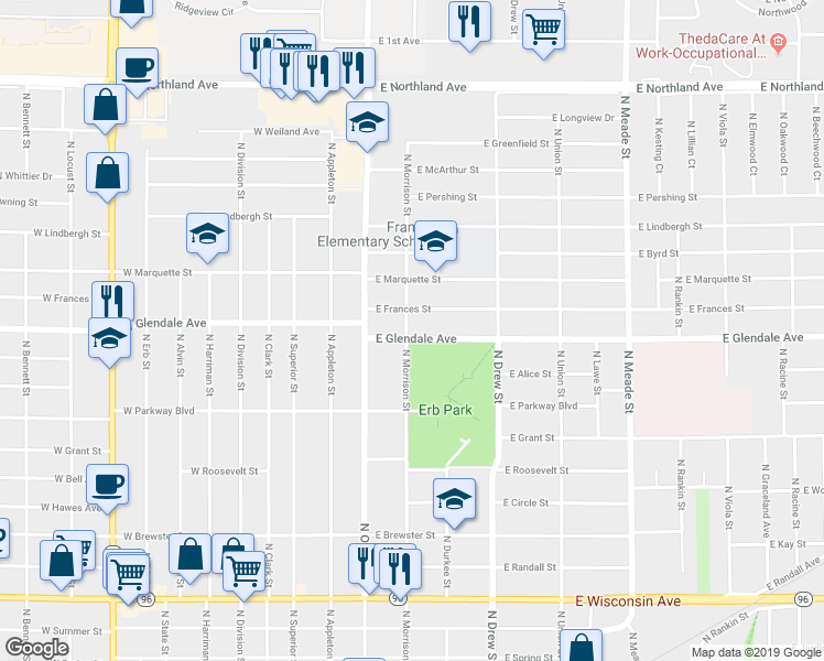 map of restaurants, bars, coffee shops, grocery stores, and more near 204 East Glendale Avenue in Appleton