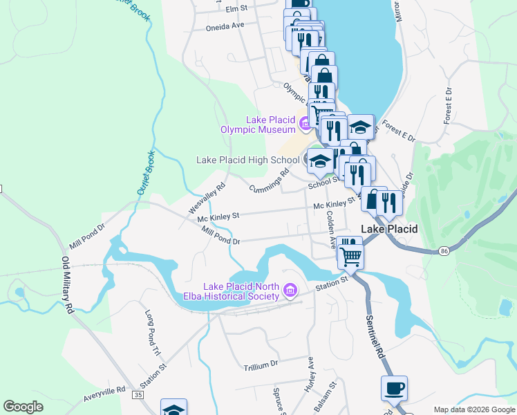 map of restaurants, bars, coffee shops, grocery stores, and more near 102 Mckinley St in Lake Placid