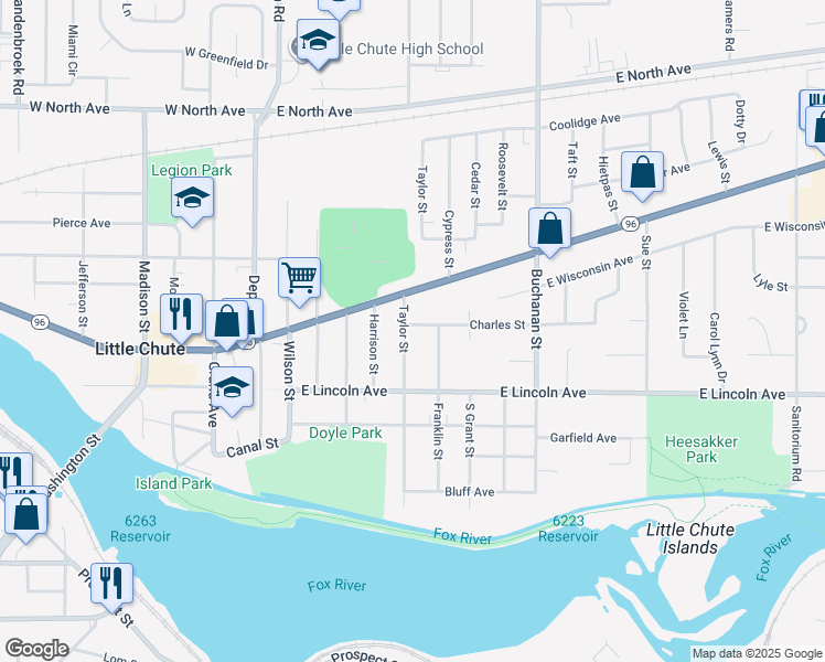 map of restaurants, bars, coffee shops, grocery stores, and more near 602 Taylor Street in Little Chute