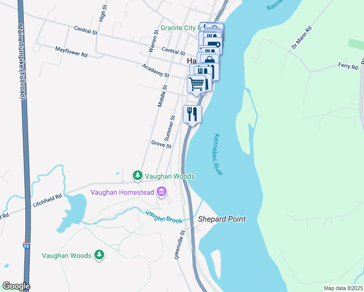 map of restaurants, bars, coffee shops, grocery stores, and more near 249 Water Street in Hallowell
