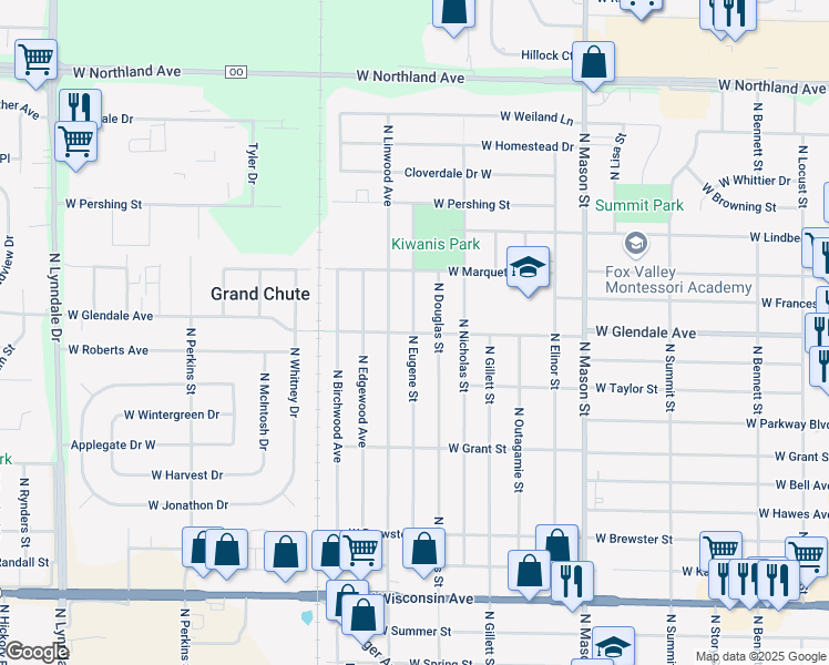 map of restaurants, bars, coffee shops, grocery stores, and more near 1698 West Glendale Avenue in Appleton
