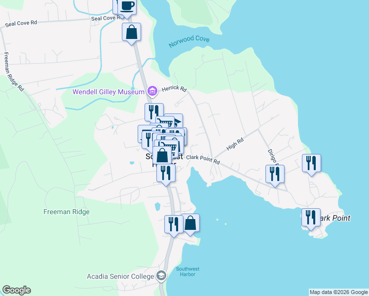 map of restaurants, bars, coffee shops, grocery stores, and more near 45 Clark Point Road in Southwest Harbor