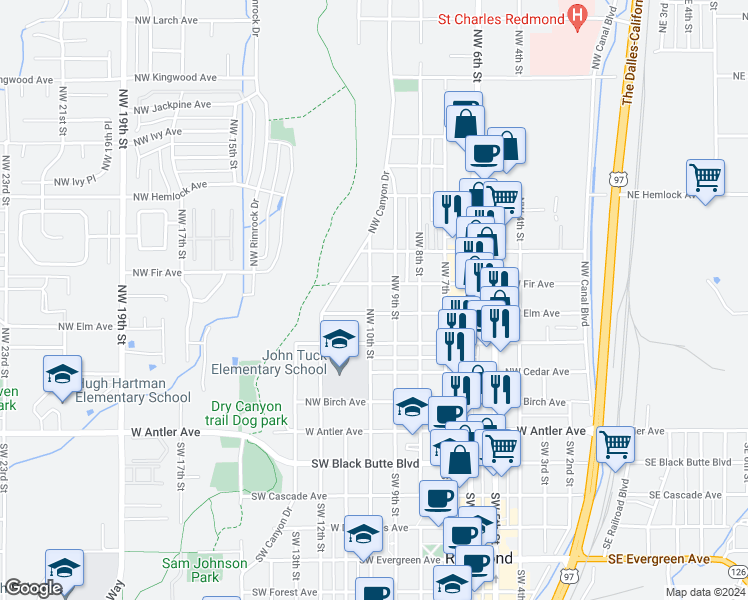 map of restaurants, bars, coffee shops, grocery stores, and more near 524 Northwest 10th Street in Redmond